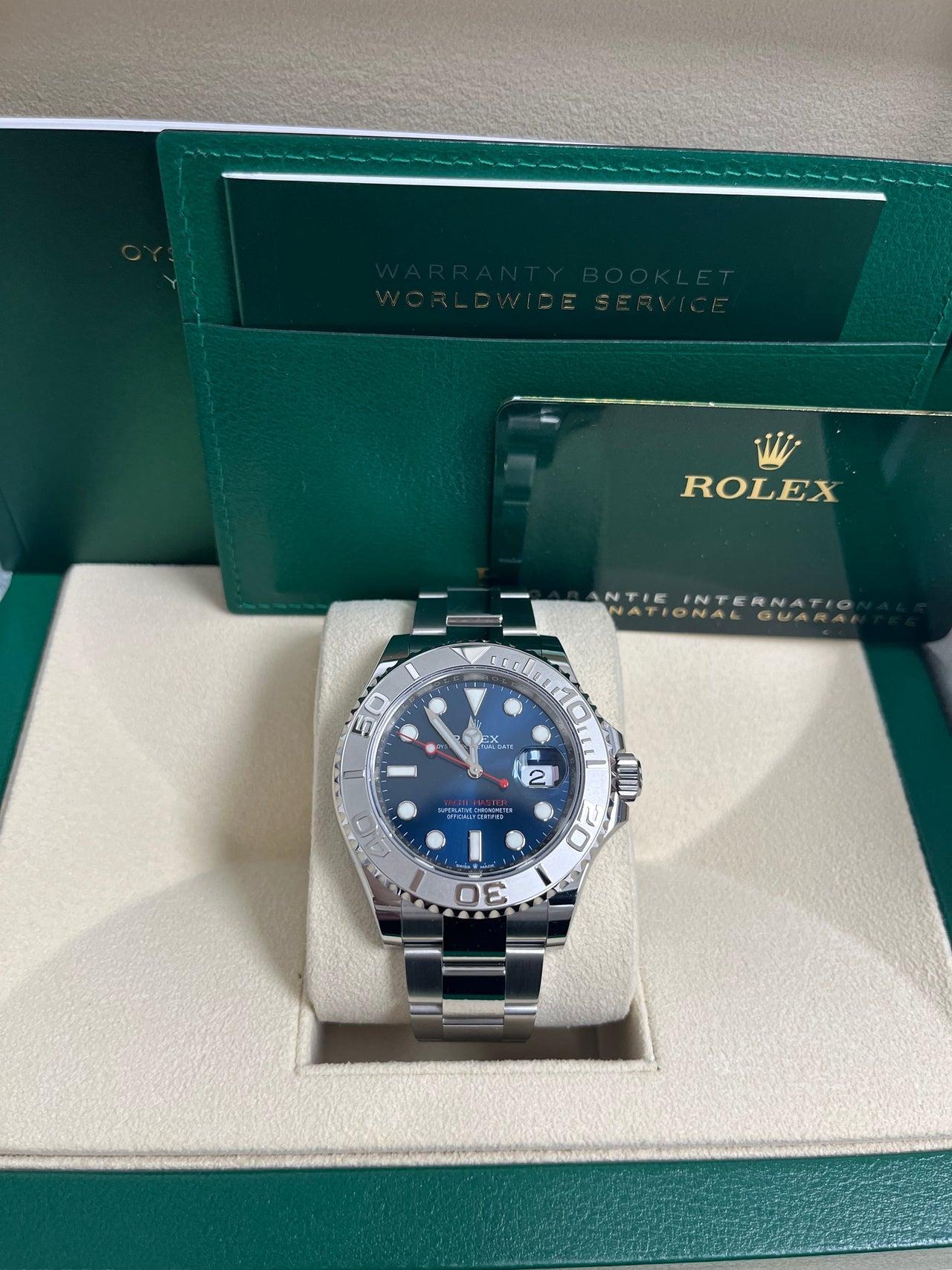 Rolex Yacht-Master 40mm Blue Dial Men’s Watch 126622 with Oystersteel case, platinum bezel, sunburst blue dial, Oyster bracelet, Rolex Caliber 3235 automatic movement, and sapphire crystal—never worn, guaranteed authentic with Rolex box and warranty card. Available now at Global Sky Diamonds, NYC Diamond District, 44 W 47th St Booth GF-10. 3-year warranty included. Shop globalskydiamond.com.