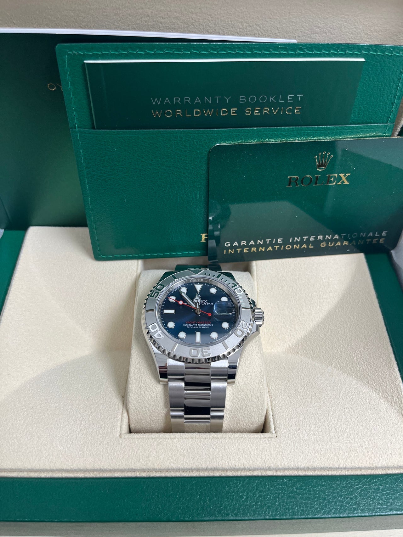 Rolex Yacht-Master 40mm Blue Dial Men’s Watch 126622 with Oystersteel case, platinum bezel, sunburst blue dial, Oyster bracelet, Rolex Caliber 3235 automatic movement, and sapphire crystal—never worn, guaranteed authentic with Rolex box and warranty card. Available now at Global Sky Diamonds, NYC Diamond District, 44 W 47th St Booth GF-10. 3-year warranty included. Shop globalskydiamond.com.