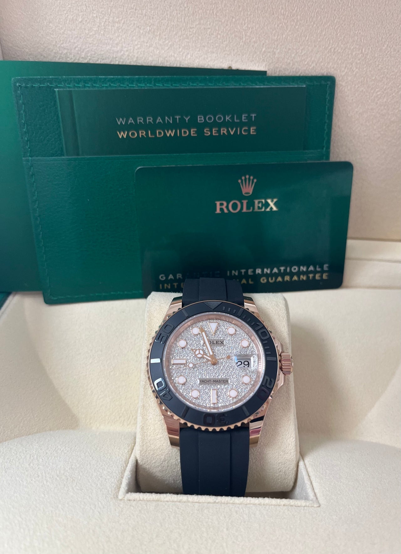 Rolex Yacht-Master 40mm 126655 Men’s Watch with factory diamond dial, 18k Everose gold case, matte black ceramic bezel, Oysterflex rubber strap, sapphire crystal, and Rolex Caliber 3235 movement—never worn, authentic with Rolex box and warranty card. Available at Global Sky Diamonds, 44 W 47th St Booth GF-10, NYC Diamond District. Shop globalskydiamond.com.