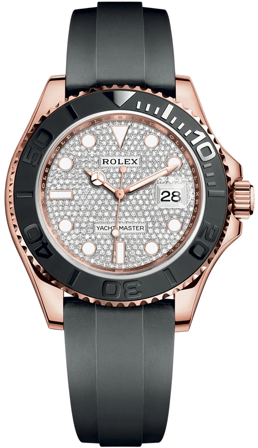 Rolex Yacht-Master 40mm 126655 Men’s Watch with factory diamond dial, 18k Everose gold case, matte black ceramic bezel, Oysterflex rubber strap, sapphire crystal, and Rolex Caliber 3235 movement—never worn, authentic with Rolex box and warranty card. Available at Global Sky Diamonds, 44 W 47th St Booth GF-10, NYC Diamond District. Shop globalskydiamond.com.