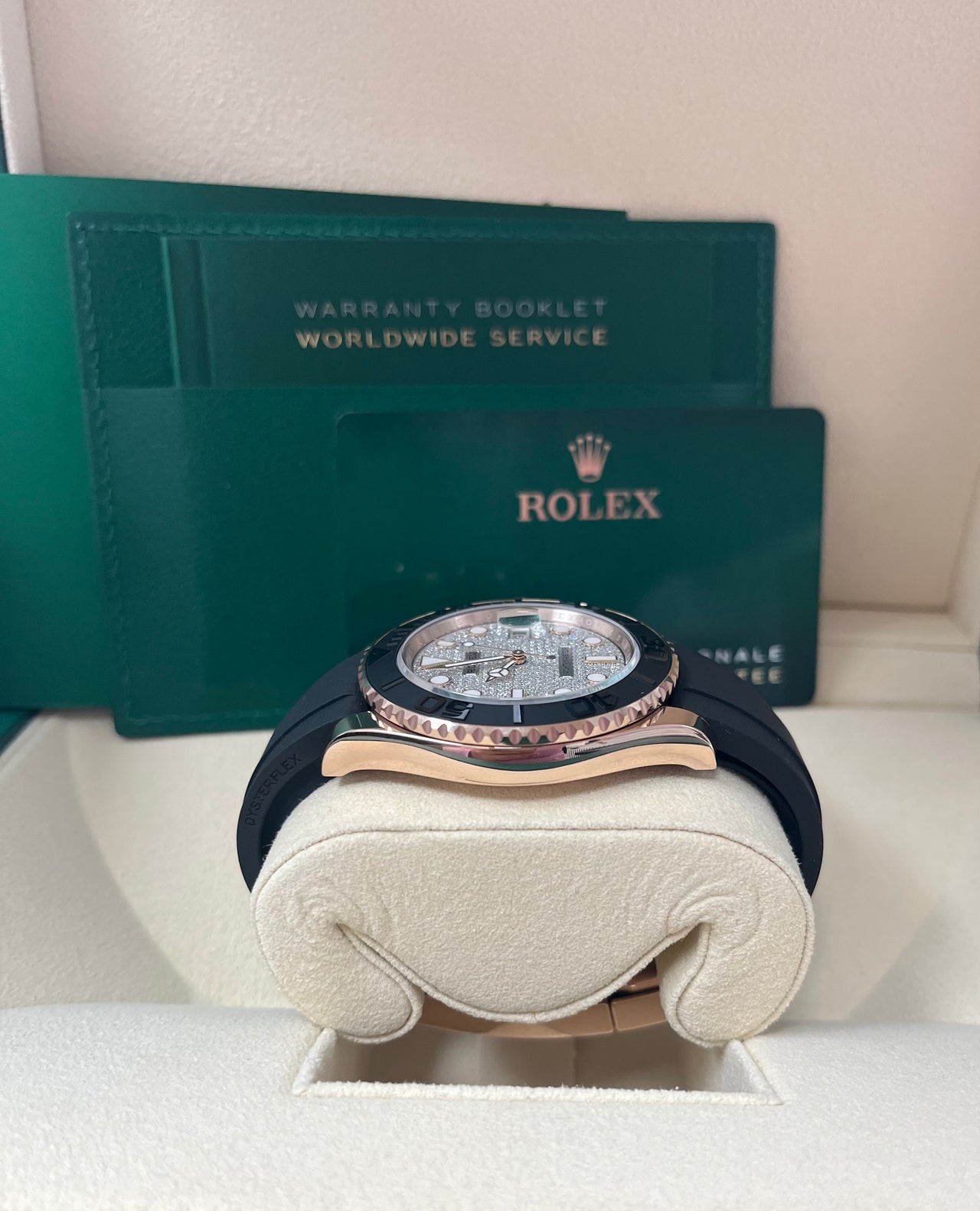 Rolex Yacht-Master 40mm 126655 Men’s Watch with factory diamond dial, 18k Everose gold case, matte black ceramic bezel, Oysterflex rubber strap, sapphire crystal, and Rolex Caliber 3235 movement—never worn, authentic with Rolex box and warranty card. Available at Global Sky Diamonds, 44 W 47th St Booth GF-10, NYC Diamond District. Shop globalskydiamond.com.
