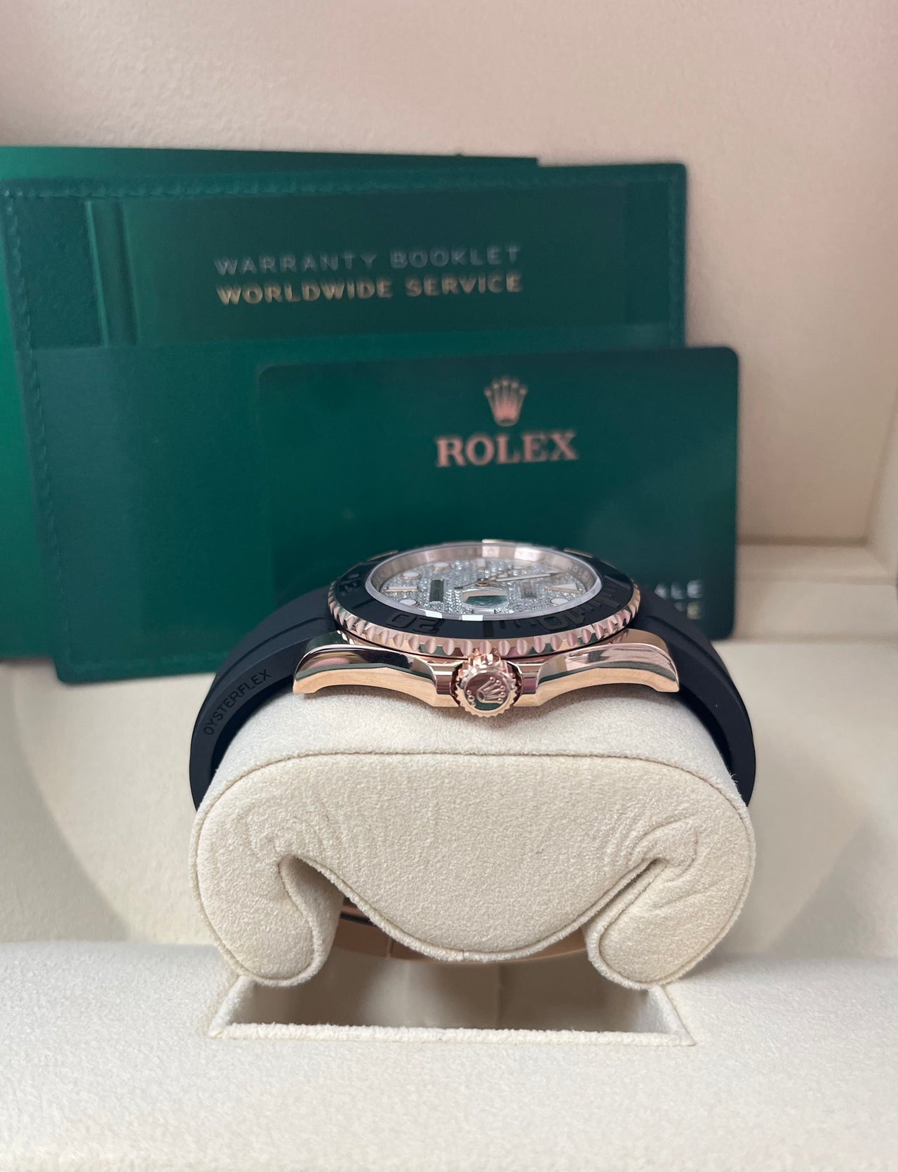 Rolex Yacht-Master 40mm 126655 Men’s Watch with factory diamond dial, 18k Everose gold case, matte black ceramic bezel, Oysterflex rubber strap, sapphire crystal, and Rolex Caliber 3235 movement—never worn, authentic with Rolex box and warranty card. Available at Global Sky Diamonds, 44 W 47th St Booth GF-10, NYC Diamond District. Shop globalskydiamond.com.
