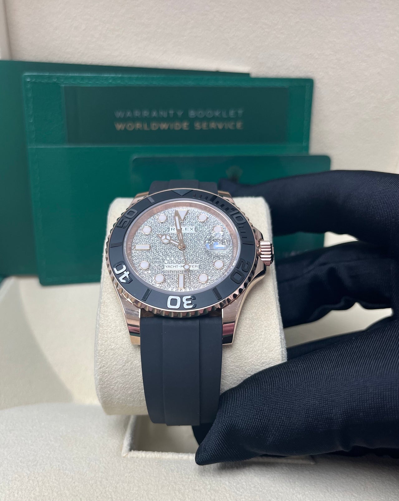Rolex Yacht-Master 40mm 126655 Men’s Watch with factory diamond dial, 18k Everose gold case, matte black ceramic bezel, Oysterflex rubber strap, sapphire crystal, and Rolex Caliber 3235 movement—never worn, authentic with Rolex box and warranty card. Available at Global Sky Diamonds, 44 W 47th St Booth GF-10, NYC Diamond District. Shop globalskydiamond.com.
