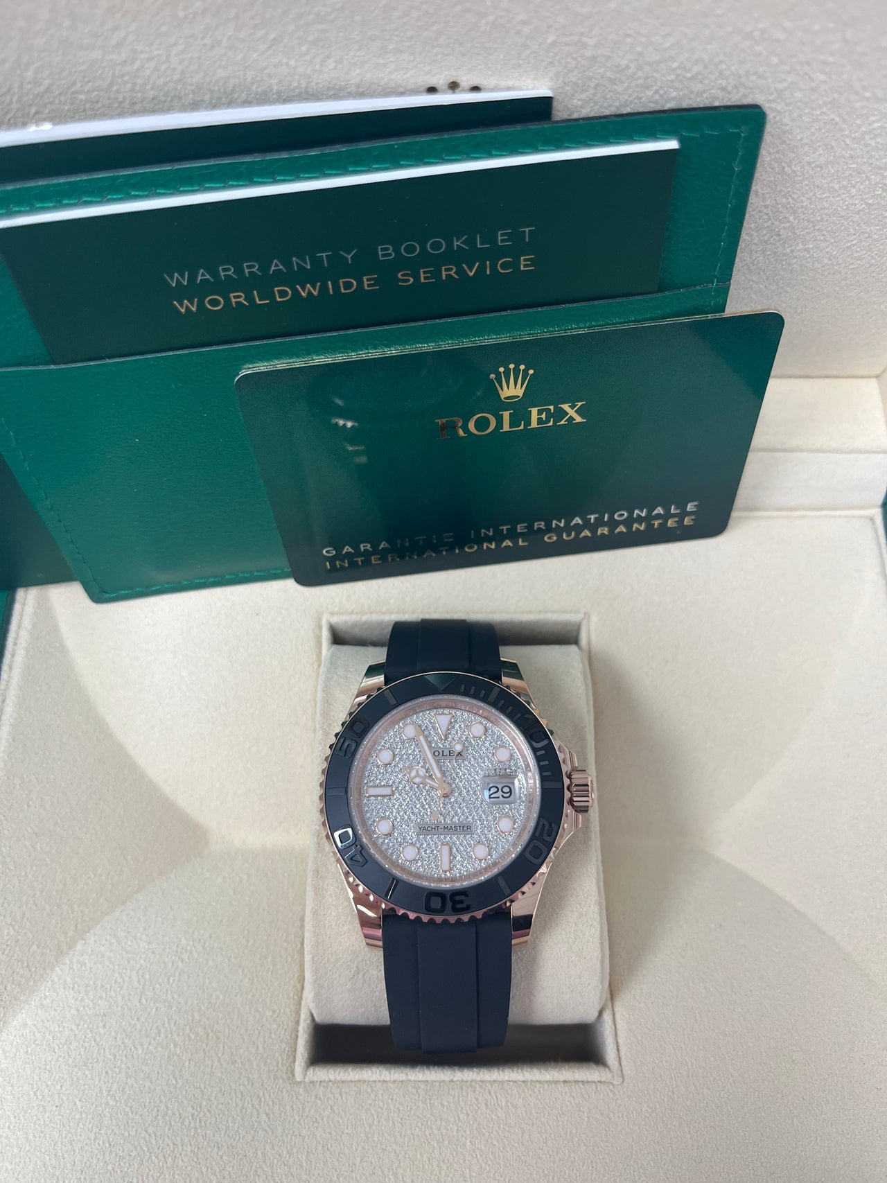 Rolex Yacht-Master 40mm 126655 Men’s Watch with factory diamond dial, 18k Everose gold case, matte black ceramic bezel, Oysterflex rubber strap, sapphire crystal, and Rolex Caliber 3235 movement—never worn, authentic with Rolex box and warranty card. Available at Global Sky Diamonds, 44 W 47th St Booth GF-10, NYC Diamond District. Shop globalskydiamond.com.