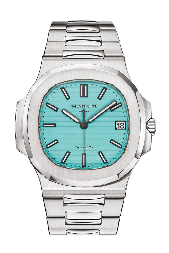 Front view of Patek Philippe Nautilus 5711/1A-018 Tiffany Blue dial stainless steel watch at Global Sky Diamonds, NYC Diamond District