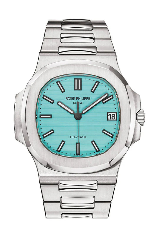 Front view of Patek Philippe Nautilus 5711/1A-018 Tiffany Blue dial stainless steel watch at Global Sky Diamonds, NYC Diamond District