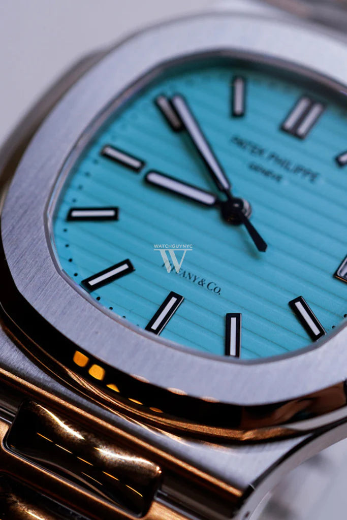 Side angle of stainless steel Patek Philippe Nautilus Tiffany 5711/1A-018 watch showing sleek case profile – photographed at Global Sky Diamonds - globalskydiamond.com