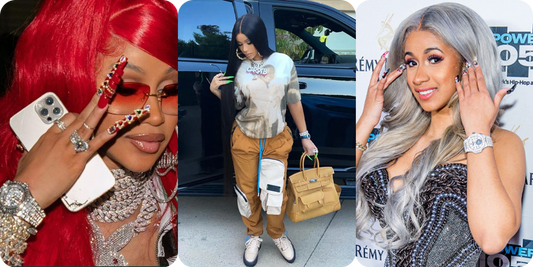 Cardi B wearing her custom diamond Audemars Piguet Royal Oak and Patek Philippe Nautilus watches, iced with baguette and VS diamonds, showcasing luxury rapper watches and fully iced-out women’s timepieces.