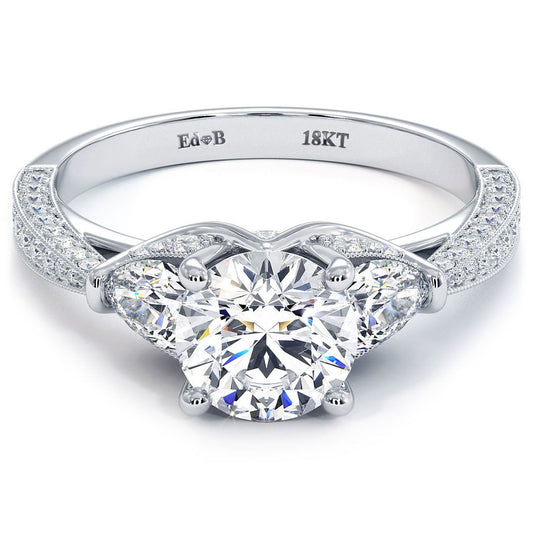 Round three stone diamond engagement ring with milgrain detail in 18k white gold, vintage setting | Global Sky Diamonds