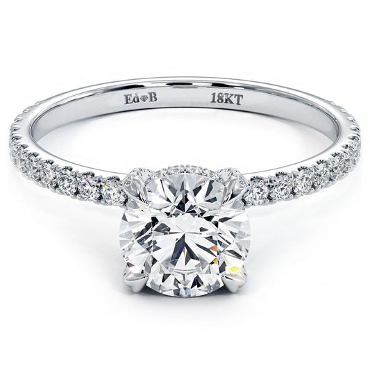 Round hidden halo diamond engagement ring setting in 18k white gold with petite micropavé band and eagle prongs (0.36ctw) | Brilliant basket head design from Global Sky Diamonds – Mazalito style, Diamond District NYC | globalskydiamond.com
