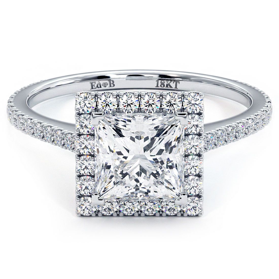Princess cut micropavé halo diamond engagement ring in 18k white gold, globalskydiamond.com, NYC Diamond District booth GF-10