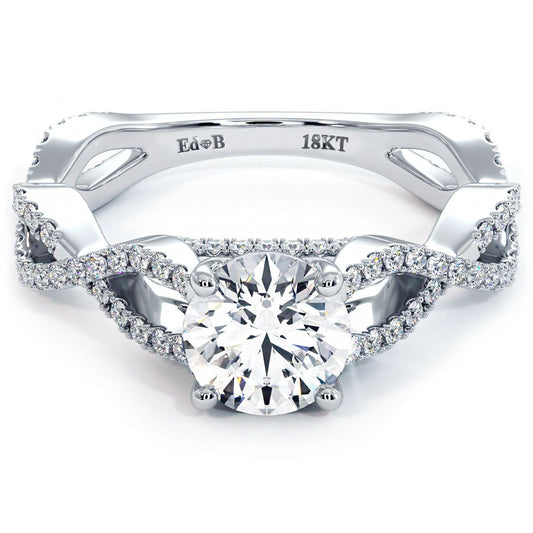Round brilliant infinity twist cathedral diamond ring in 18k white gold, globalskydiamond.com, Diamond District NYC booth GF-10