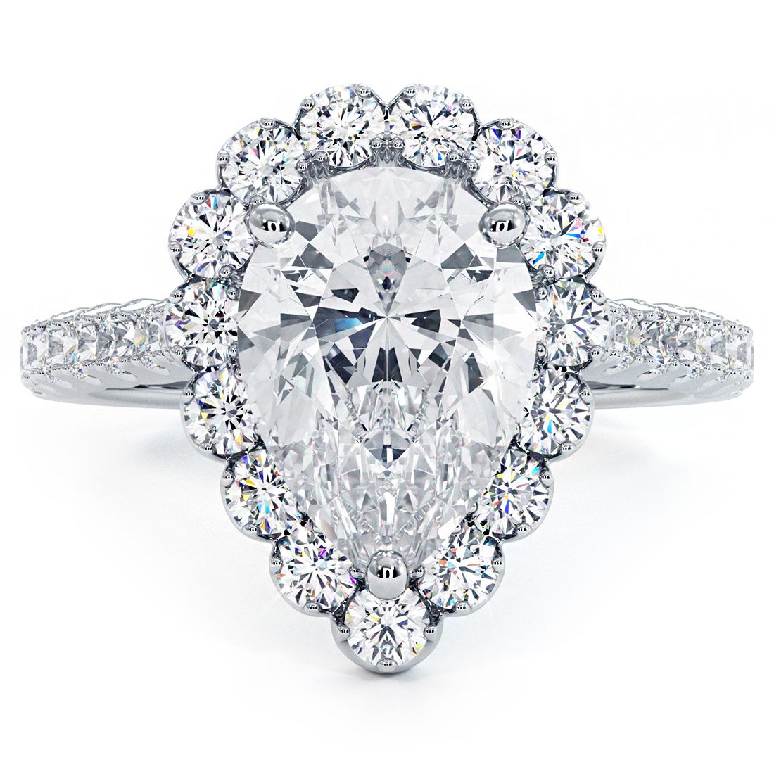 Pear halo diamond ring in 18k white gold with beaded prongs, globalskydiamond.com, Diamond District NYC booth GF-10