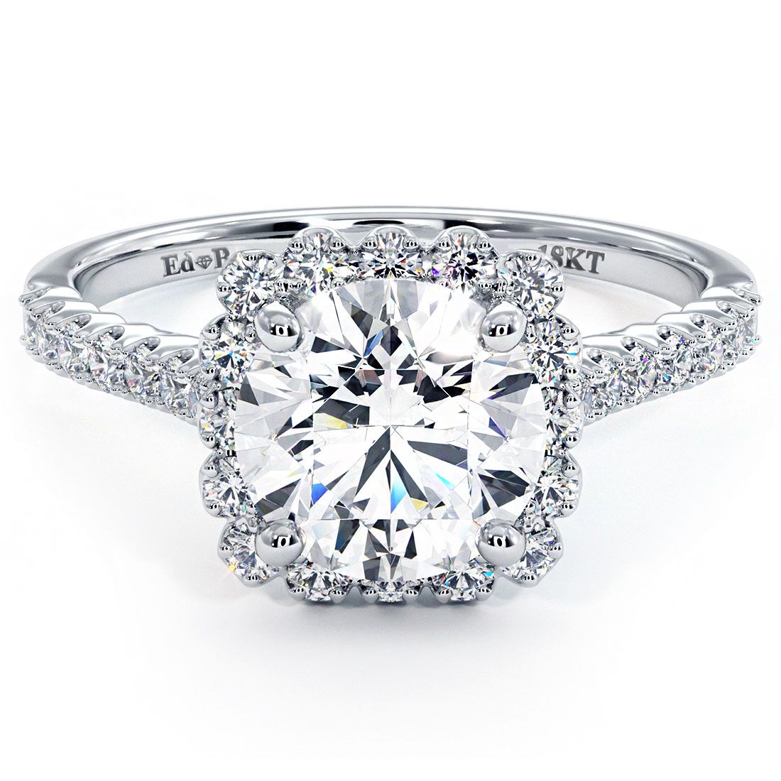 Close-up view of cushion halo diamond engagement ring with round center stone and beaded prong setting in 18k white gold, featuring G color SI1 clarity side stones on pavé band, photographed for Global Sky Diamonds in NYC's Diamond District, 44W 47th St Booth GF-10. Shop at GlobalSkyDiamond.com.