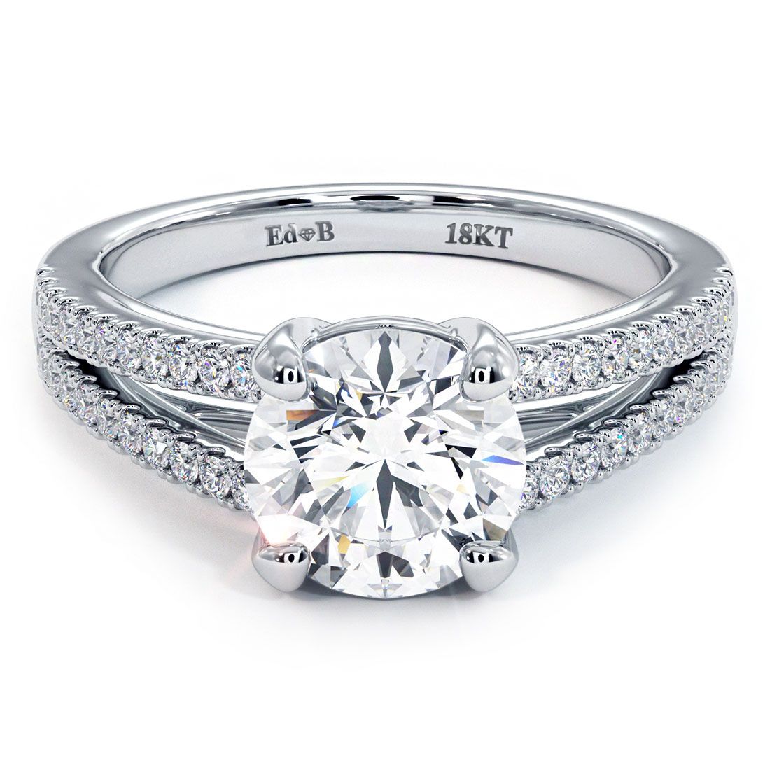 Front view of Round Brilliant Micro-Prong Split Shank Diamond Engagement Ring Setting in 18k white gold, featuring 0.31ctw of G color SI1 clarity round side stones. Designed to hold a 1.50ct round center diamond. Sparkling micro-prong diamonds enhance the split shank design. Handcrafted by Global Sky Diamonds at 44W 47th St Booth GF-10 in NYC’s Diamond District. Shop now at globalskydiamond.com.