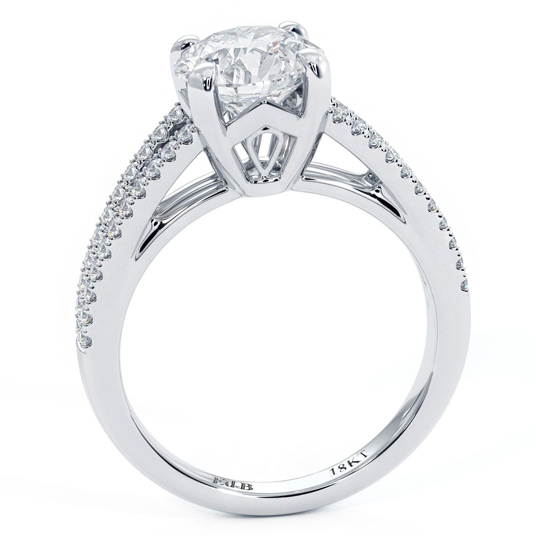 Side profile of split shank round brilliant engagement ring setting in 18k white gold with 0.31 carats total weight of G color SI1 clarity round diamonds. Designed to hold a 1.50ct round center stone. Sparkles with precise micro-prong setting. Available from Global Sky Diamonds, located at 44W 47th St Booth GF-10 in Manhattan’s Diamond District. Explore more at globalskydiamond.com.