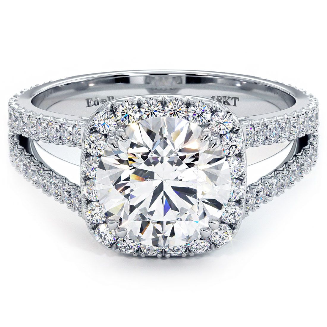 Cushion halo diamond engagement ring setting in 18k white gold with round center, French cut split shank, G color SI1 side stones, 0.98ctw, handcrafted at Global Sky Diamonds in NYC Diamond District, 44W 47th St Booth GF-10. Modern elegant bridal setting for 1.50ct round center stone. globalskydiamond.com @globalskydiamonds TikTok @global.sky.diamond fine jewelry.