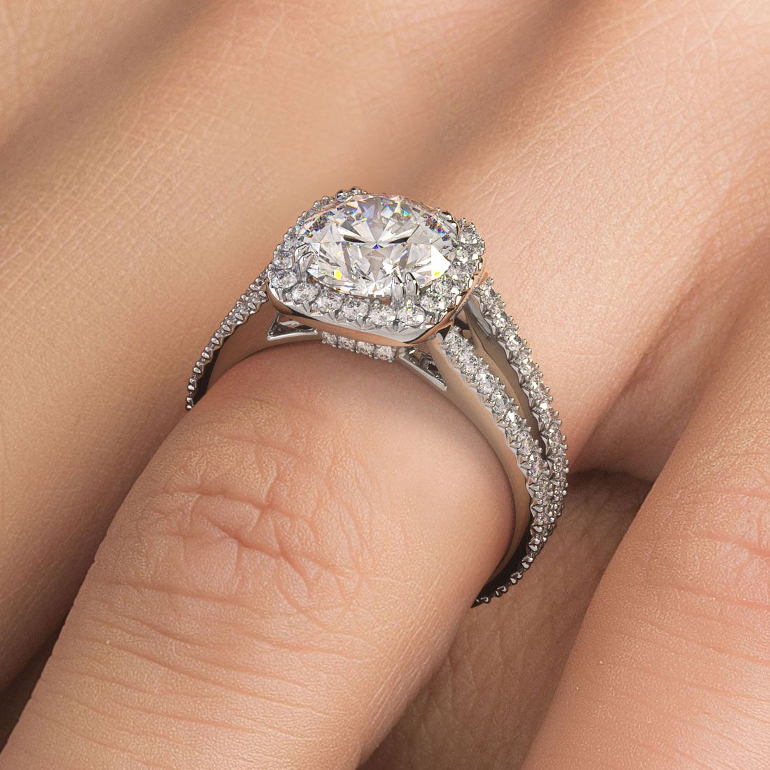 Top view of cushion halo engagement ring with round center and split shank in 18k white gold with French cut diamonds, total 0.98ctw, G color SI1 clarity, crafted by Global Sky Diamonds at 44W 47th St, Diamond District NYC. Luxury custom ring setting for 1.50ct round diamond. globalskydiamond.com @globalskydiamonds TikTok @global.sky.diamond.