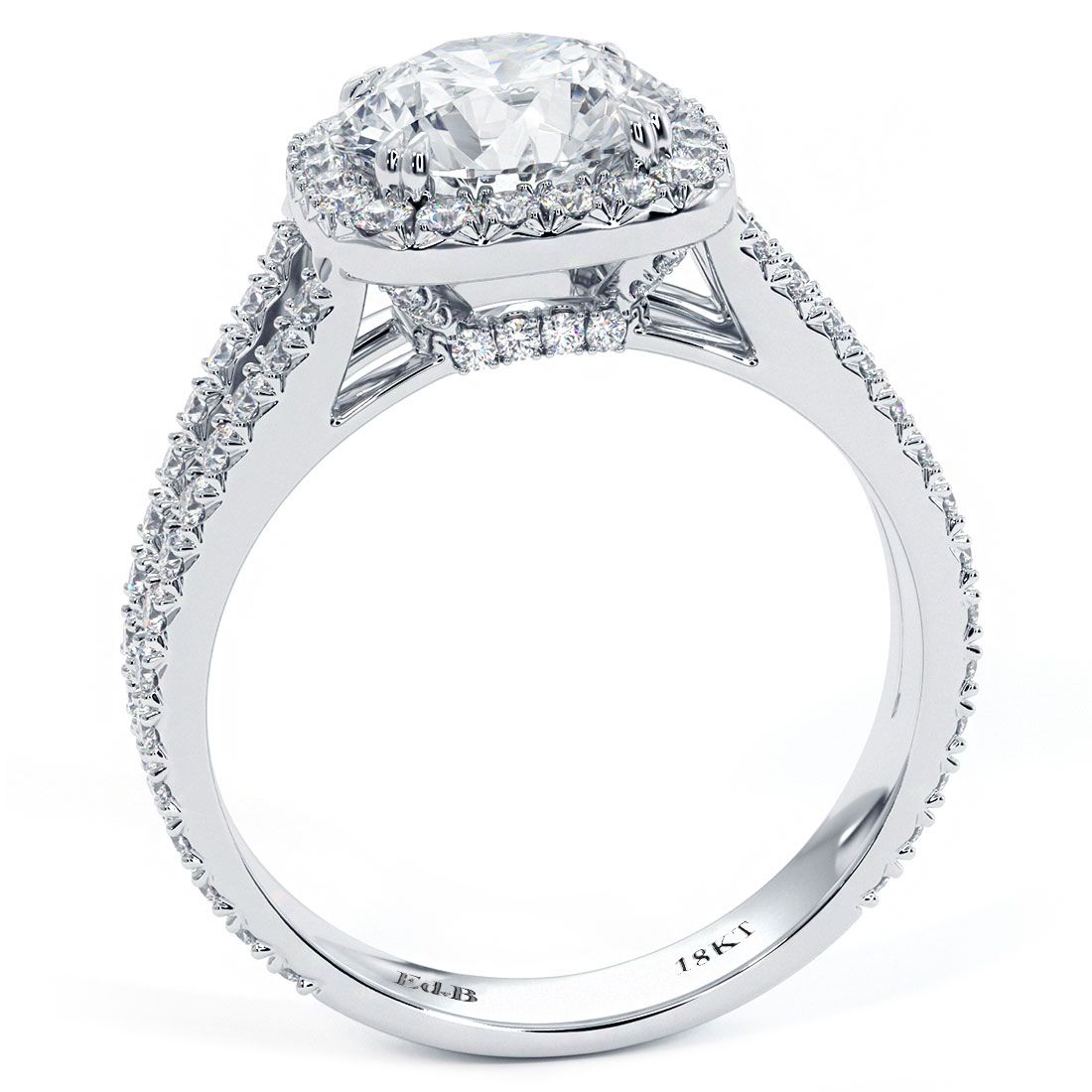 Side profile view of cushion halo split shank diamond engagement ring setting in 18k white gold from Global Sky Diamonds, featuring French cut pavé diamonds, 0.98 carat total weight, designed for 1.50ct round stone. Located in NYC's diamond district, 44 West 47th St booth GF-10. Visit globalskydiamond.com or Instagram @globalskydiamonds TikTok @global.sky.diamond.