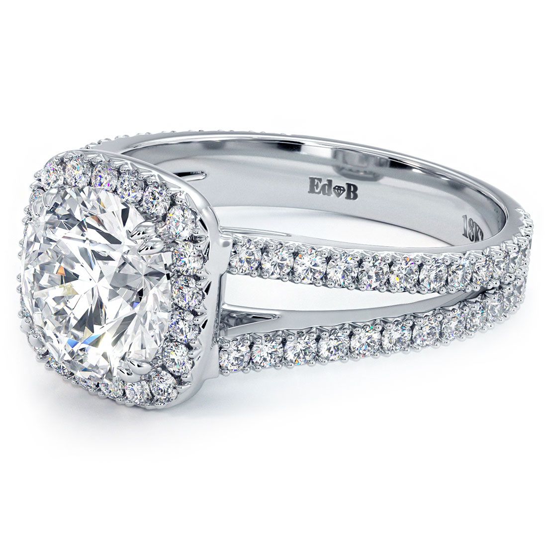 Angled view of French cut diamond split shank ring with cushion halo, made in 18k white gold, 0.98ctw G SI1 side stones, no center stone included, from Global Sky Diamonds, NYC Diamond District 44W 47th St booth GF-10. Premium bridal ring setting for 1.50ct round diamond. globalskydiamond.com @globalskydiamonds TikTok @global.sky.diamond.