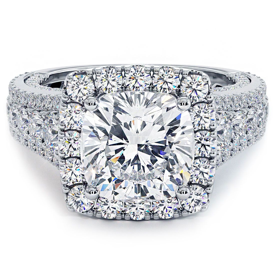 Cushion halo vintage style diamond engagement ring with micropavé graduated shank in 18k white gold (2.40ctw), photographed head-on; handcrafted in NYC’s Diamond District at 44 W 47th St Booth GF-10 | globalskydiamond.com