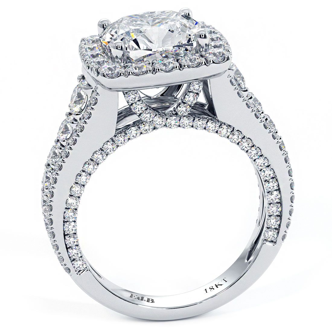 Micropavé diamond band detail of vintage-style cushion halo ring with graduated shank, G color SI1 clarity diamonds in 18k white gold, handcrafted in NYC’s Diamond District | Global Sky Diamonds | globalskydiamond.com