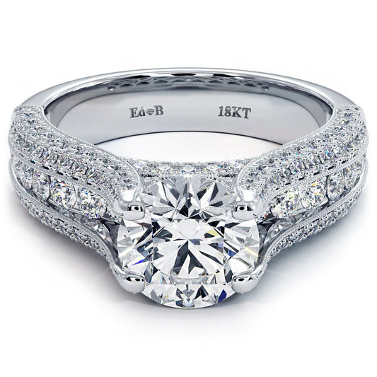 Front view of cushion halo round center diamond engagement ring setting in 18k white gold with graduated micropavé diamonds, 2.65ctw vintage style, available at GlobalSkyDiamond.com – Diamond District NYC.