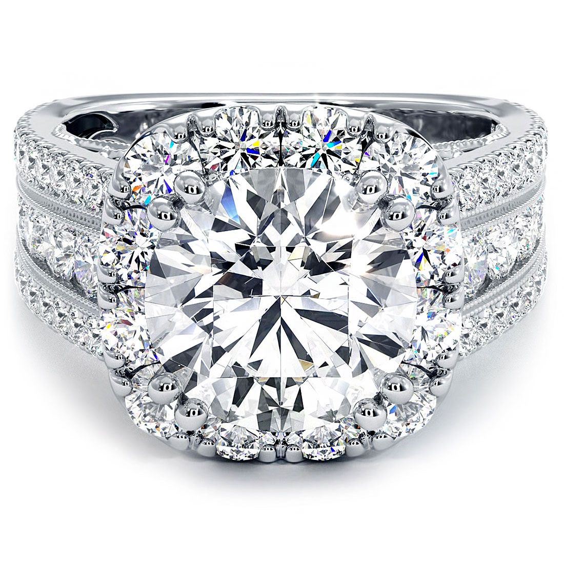 Cushion halo vintage-style diamond engagement ring setting in 18k white gold with round center mount, 2.75ctw G color SI1 clarity side stones, intricate milgrain detail, hand-crafted brilliance shown in crisp front-facing studio light — shop this elegant design from Global Sky Diamond at 44 W 47th St Booth GF-10, NYC Diamond District now on globalskydiamond.com.