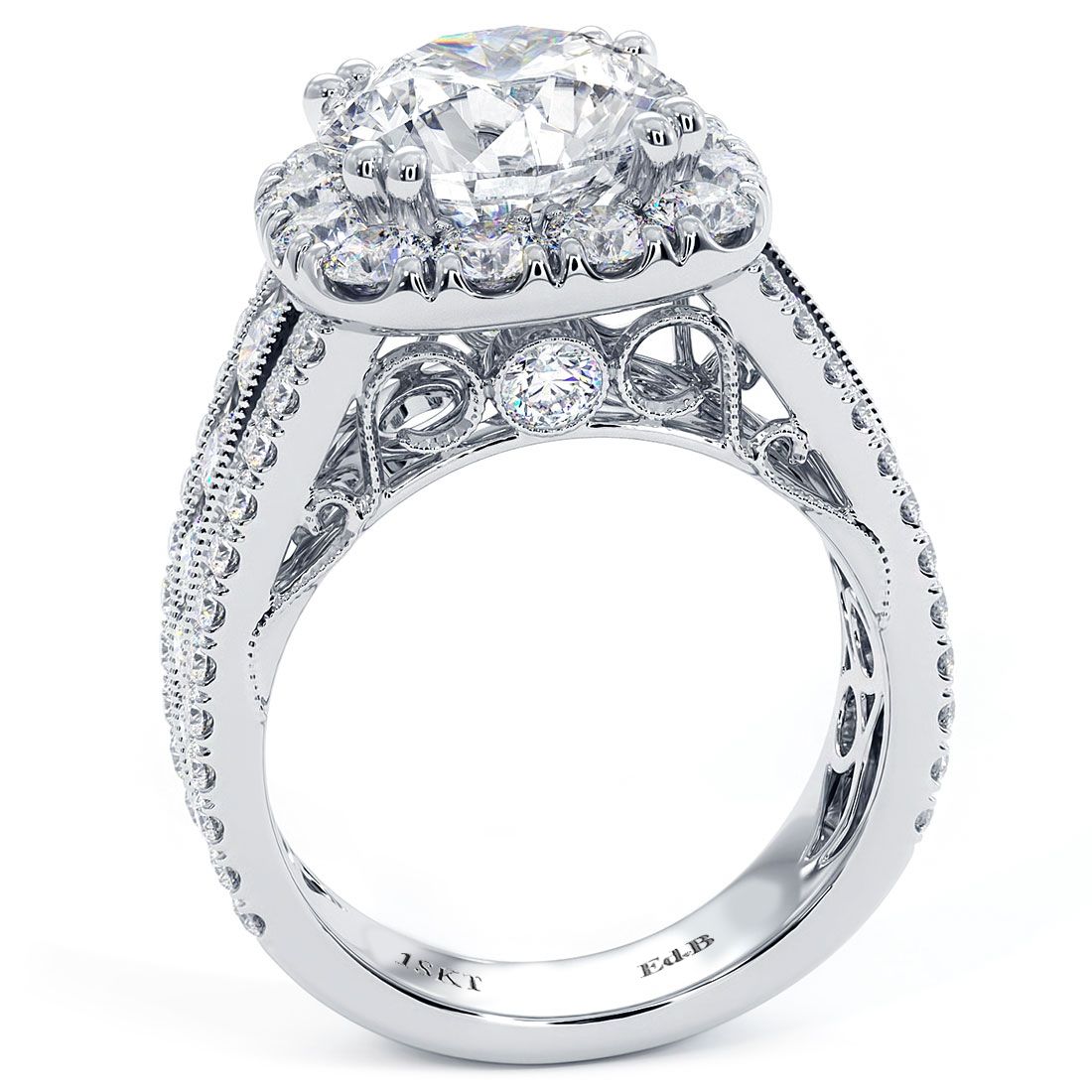 High-resolution top-down view of 18k white gold vintage engagement ring setting with cushion-shaped halo of micropavé G/SI1 diamonds, ornate milgrain etching and round center fitting, part of the exclusive bridal collection at Global Sky Diamond, 44 W 47th St Booth GF-10, NYC — browse premium rings on globalskydiamond.com.