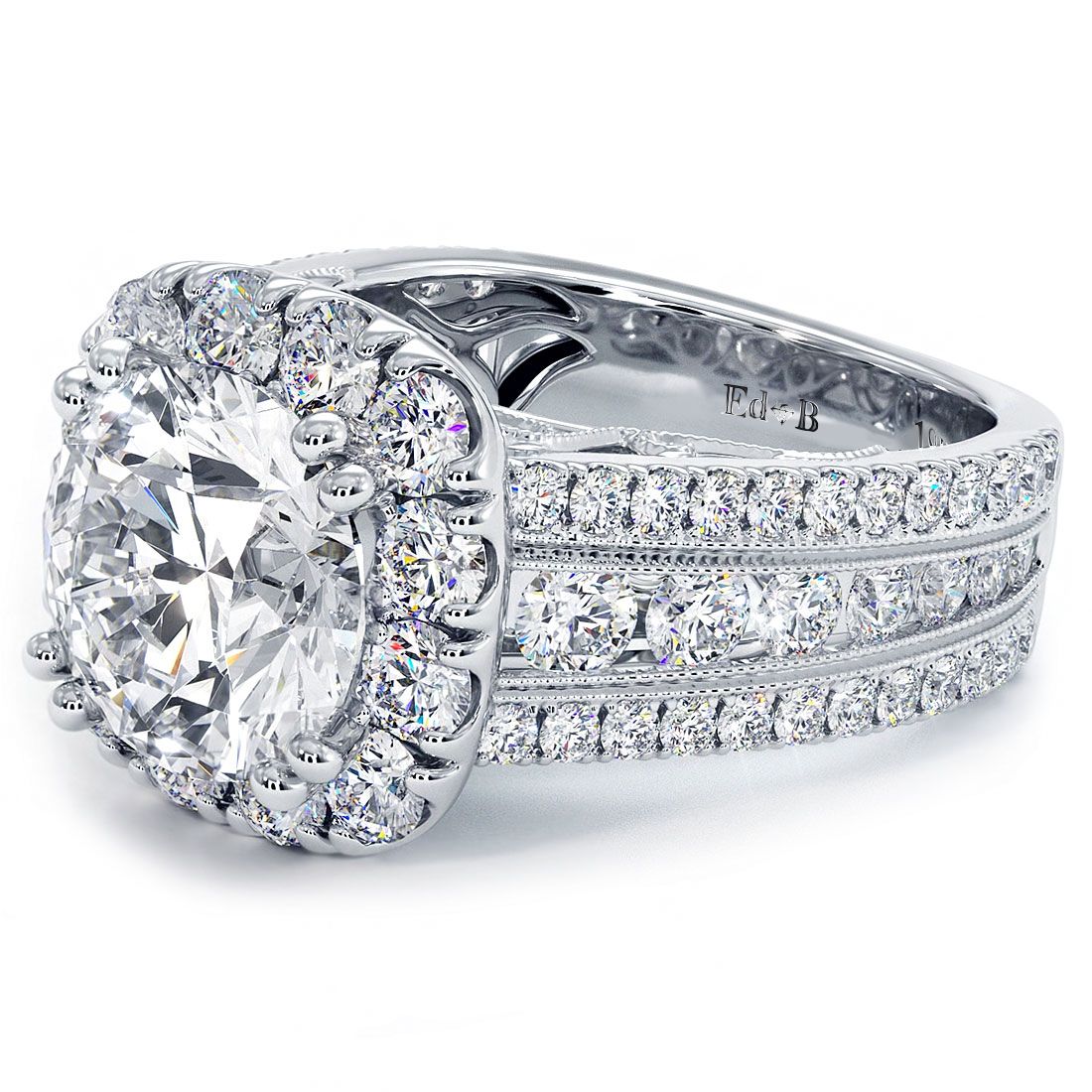 Side profile of cushion halo round center diamond ring setting in 18k white gold with antique milgrain accents, micropavé diamonds on the gallery and shank totaling 2.75ctw, crafted with G color SI1 clarity stones — find this vintage masterpiece at Global Sky Diamond, 44 W 47th St Booth GF-10, NYC Diamond District or online at globalskydiamond.com.