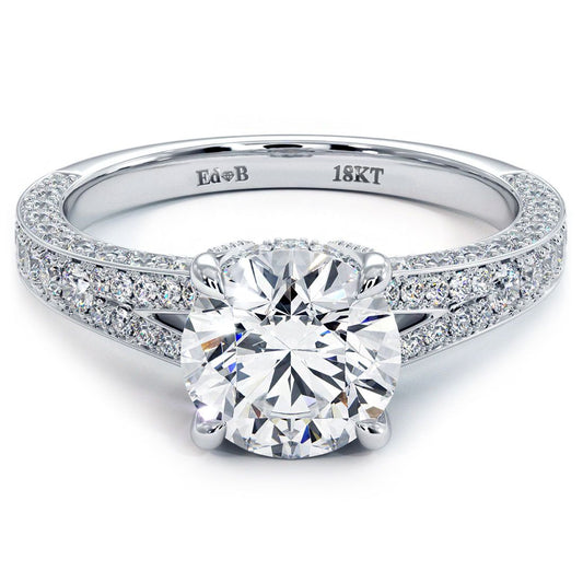 Round brilliant micropavé split shank diamond engagement ring in 18k white gold 0.92ctw by Global Sky Diamonds, globalskydiamond.com, Diamond District NYC 44W 47th St Booth GF-10