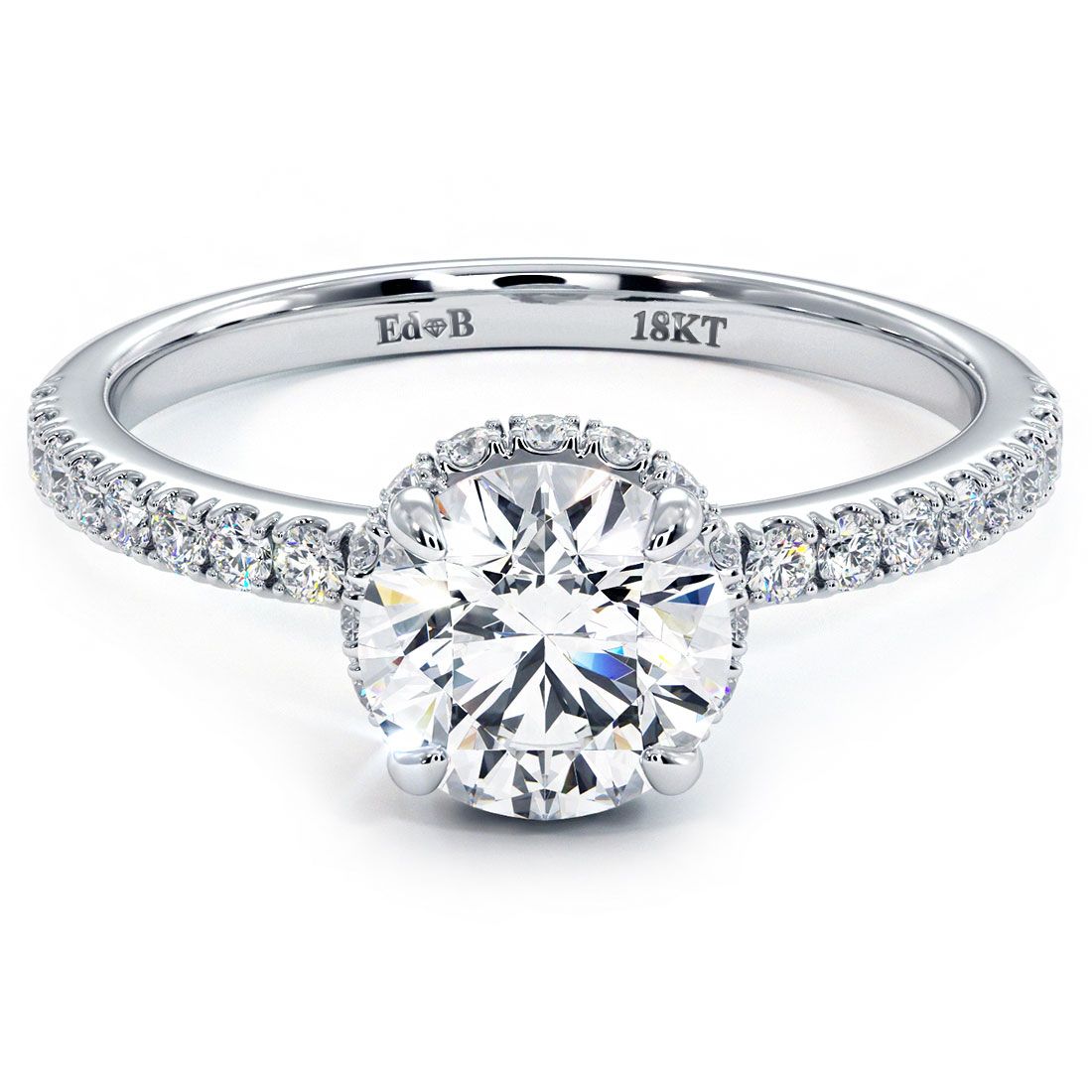 Side view of round hidden halo micropavé diamond engagement ring setting in 18k white gold inspired by Sex & The City, crafted by Global Sky Diamonds in NYC Diamond District – globalskydiamond.com