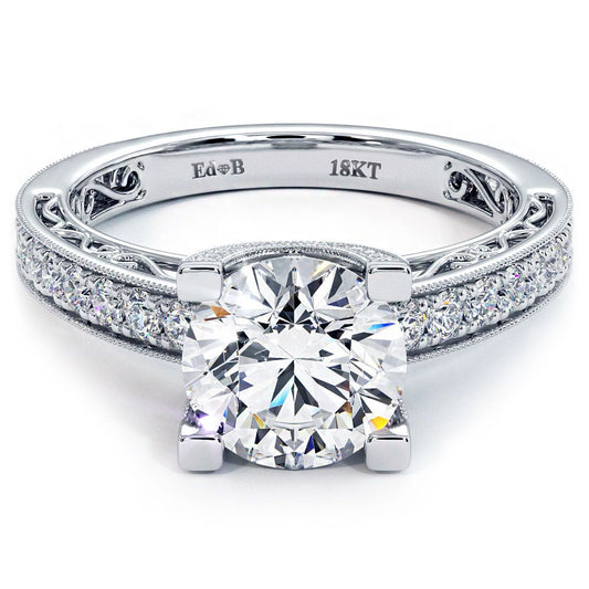 18k white gold vintage style diamond engagement ring with round head and filigree U-shaped prongs, 0.63ctw pavé band, handcrafted at Global Sky Diamonds, Diamond District NYC - globalskydiamond.com