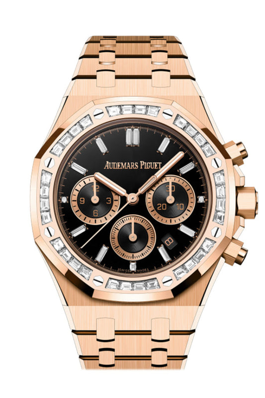 Audemars Piguet Royal Oak 38 Chronograph Rose Gold Diamond Bezel Black Onyx Diamond Baguette Dial Watch 26715OR.ZZ.1356OR.02