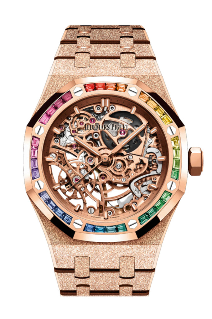 Audemars Piguet Royal Oak 37 Frosted Gold Double Balance Wheel Openworked Rose Gold 37mm Rainbow Sapphire Watch 15468OR.YG.1259OR.01-B