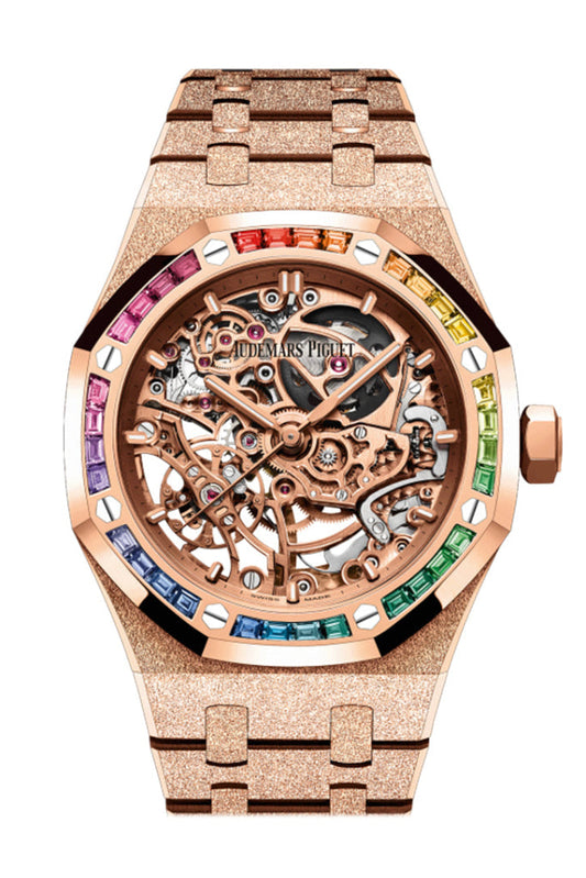 Audemars Piguet Royal Oak 37 Frosted Gold Double Balance Wheel Openworked Rose Gold 37mm Rainbow Sapphire Watch 15468OR.YG.1259OR.01-B