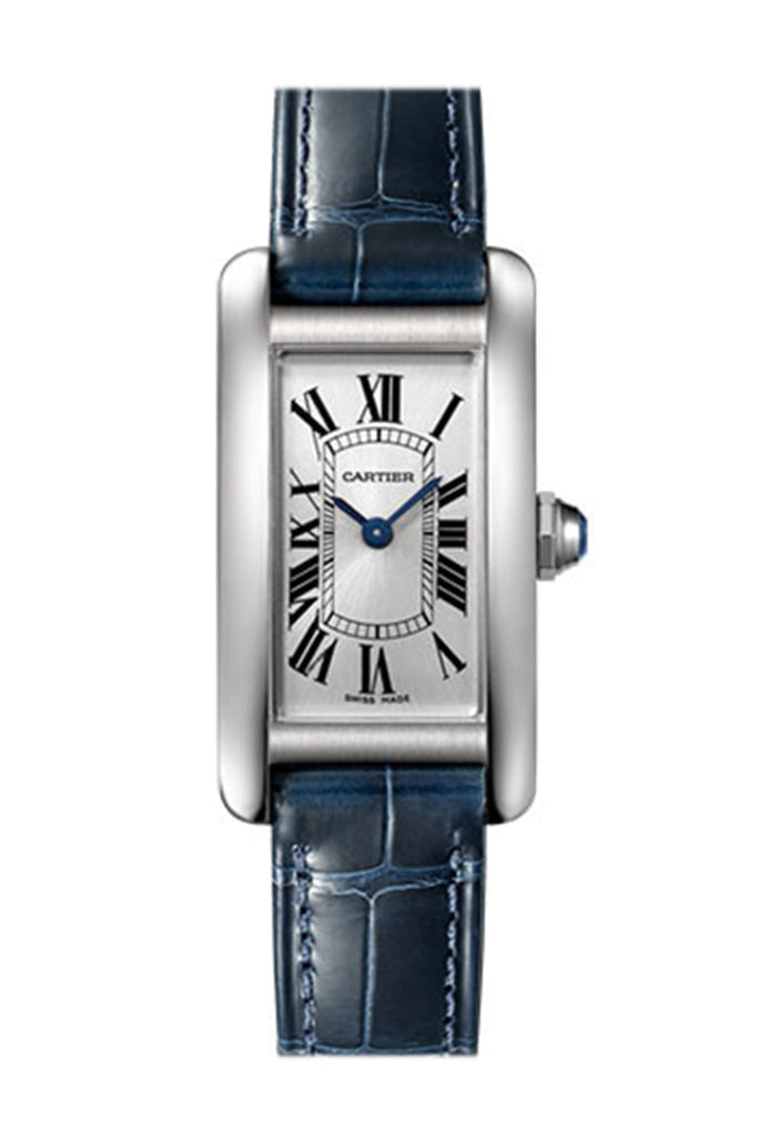 Cartier Tank Americaine Silver Dial Navy Leather Ladies Watch WSTA0016