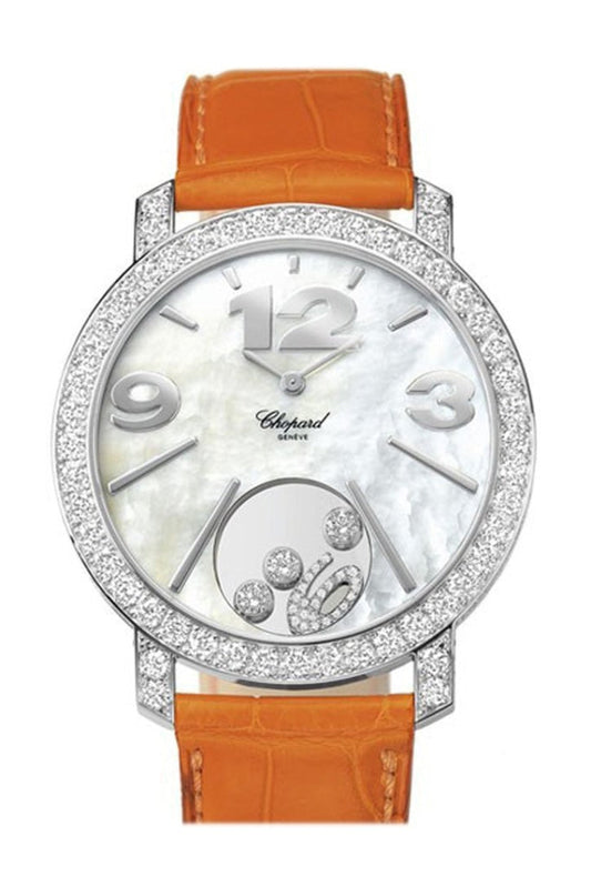 Chopard Happy Diamonds Mother of Pearl Dial 18kt White Gold Diamond Leather Ladies Watch 207450-1005