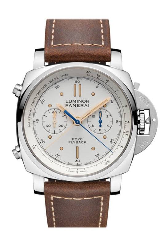 Panerai Panerai Panerai Luminor Flyback Chrono Brown Leather White Dial Watch PAM00654  New York luxury watch by Global Sky Diamonds, Diamond District NYC, mazalito