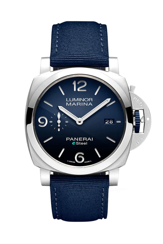 Panerai Panerai Panerai Luminor Marina Esteel Blue Dial PAM01157 luxury watch by Global Sky Diamonds, Diamond District NYC, mazalito