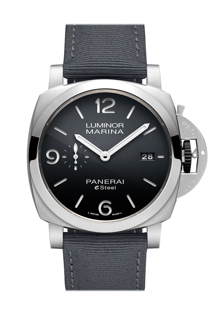 Panerai Panerai Panerai Luminor Marina Grigio Rocca 44 Black Dial PAM01358 luxury watch by Global Sky Diamonds, Diamond District NYC, mazalito