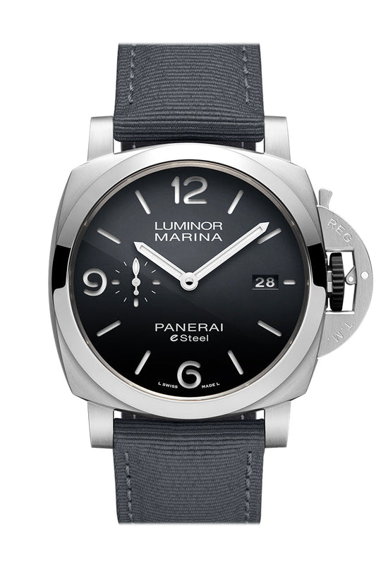 Panerai Panerai Panerai Luminor Marina Grigio Rocca 44 Black Dial PAM01358 luxury watch by Global Sky Diamonds, Diamond District NYC, mazalito