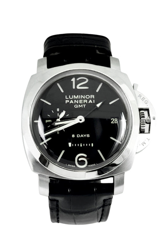 Panerai Panerai Pre-owned Panerai Luminor 1950 8 Days GMT 44mm Black Dial Steel PAM002 luxury watch by Global Sky Diamonds, Diamond District NYC, mazalito