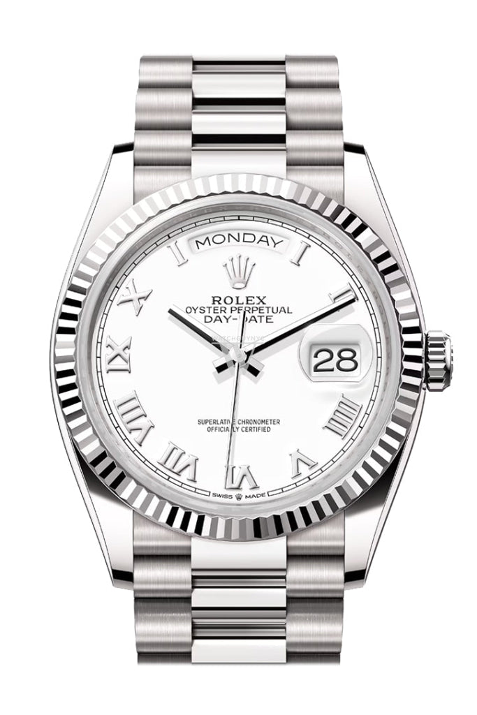 Rolex Day-Date 36 White Dial Fluted Bezel White gold President Watch 128239 DC