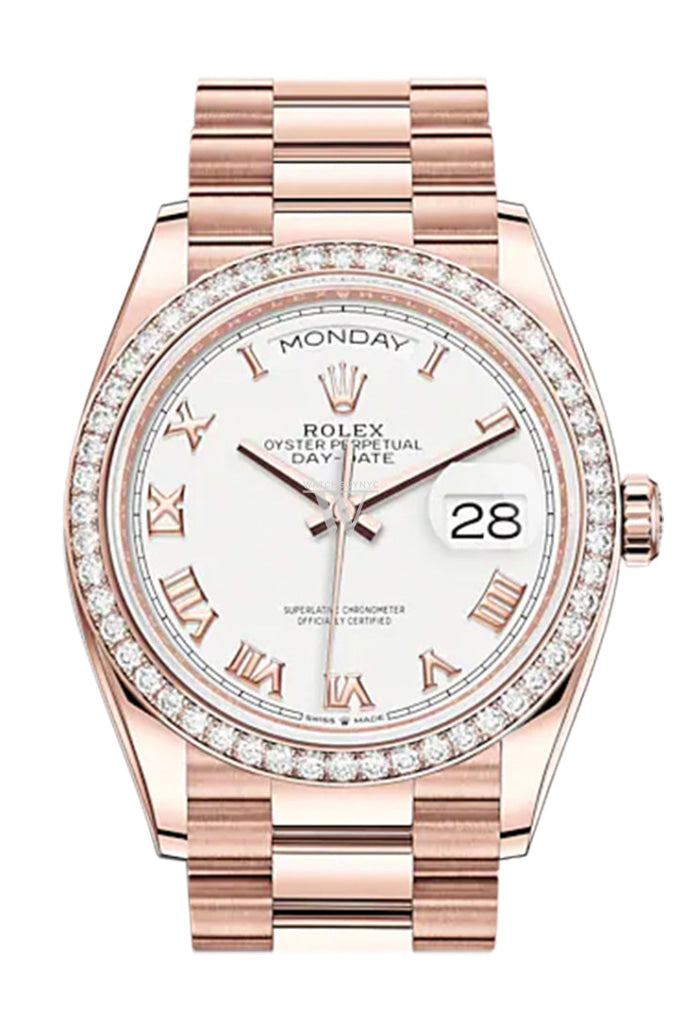 Rolex Day-Date 36 White Dial Diamond Bezel 18K Everose Gold President Watch 128345RBR