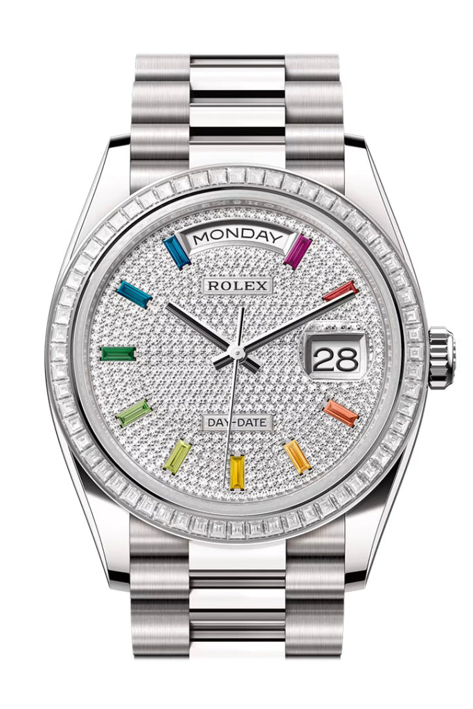Rolex Day Date 36 Rainbow Diamond Dial Diamond Bezel White Gold President Bracelet  128399TBR 128399TBR-0005