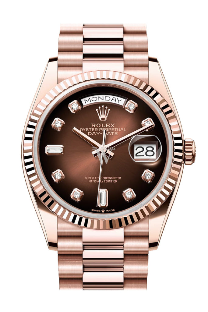 Rolex Day-Date 36 Brown ombré Diamond Dial Fluted Bezel 18K Everose gold President Watch 128235