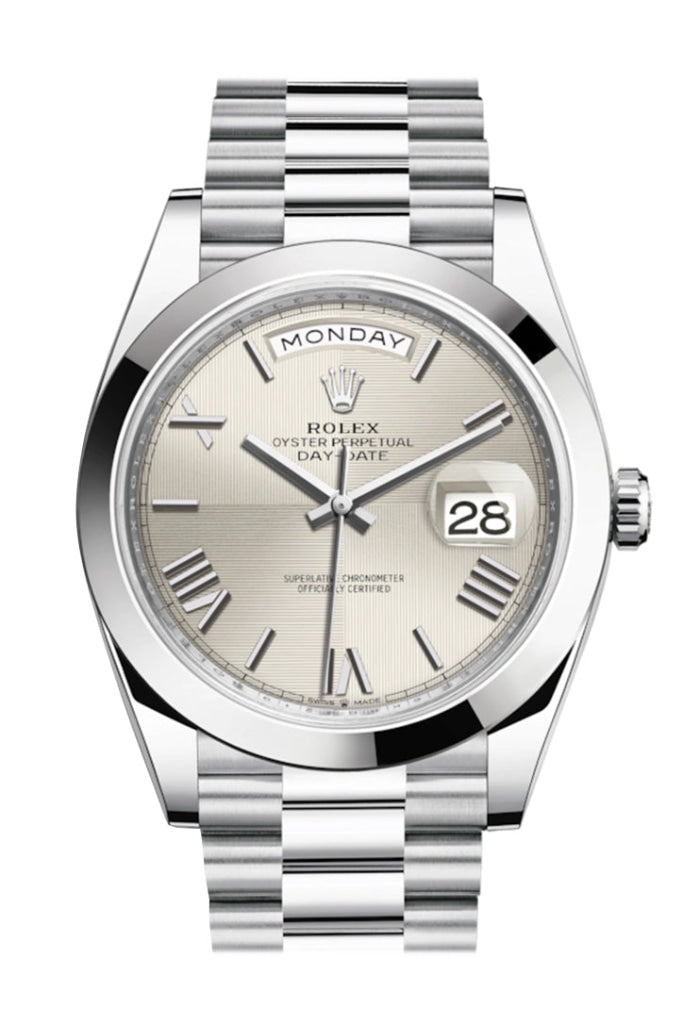 Rolex Day-Date 40 Silver Quadrant Motif Roman Dial Dome Bezel Platinum President Automatic Men's Watch 228206 DC
