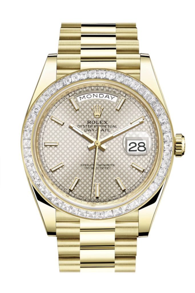Rolex Day-Date 40 Silver Motif Dial 40 Baguette Diamond Bezel 18K Yellow Gold President Automatic Men's Watch 228398TBR  228398