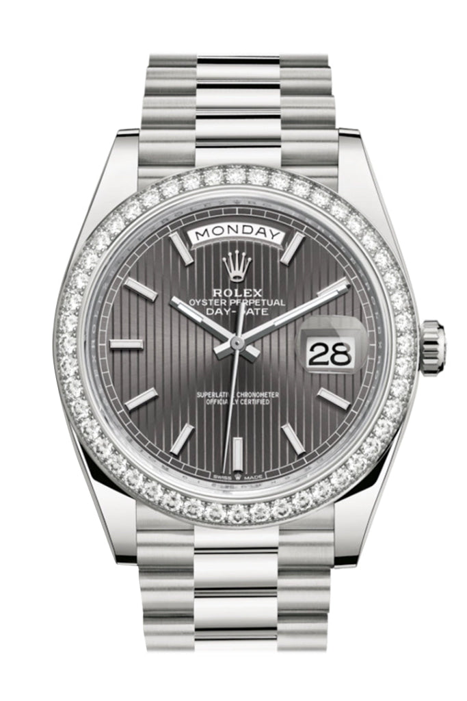 Rolex Day-Date 40 Dark Rhodium Stripe Motif Dial Diamond Bezel White Gold President Automatic Men's Watch 228349RBR DC